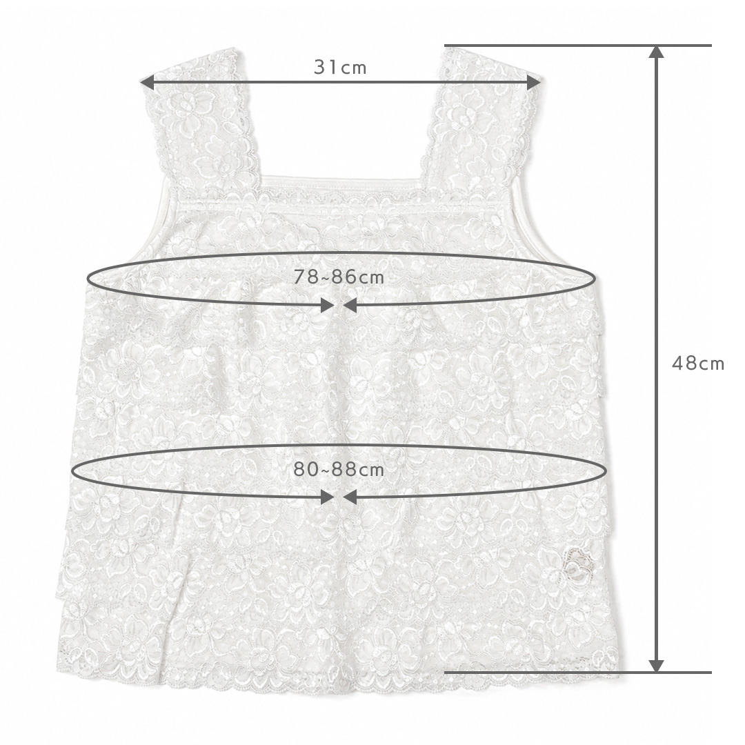 商品のサイズガイド。肩幅31cm、バスト78〜86cm、ウエスト80〜88cm、着丈48cm